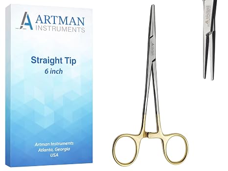 ARTMAN INSTRUMENTS Artery Forceps 6" Straight Hemostat Mosquitoes, Gold Plated Handle, Locking Tweezer Clamps, for Nurses, Fishing Forceps, Fly Tying, Crafts Kelly Forceps Clamps