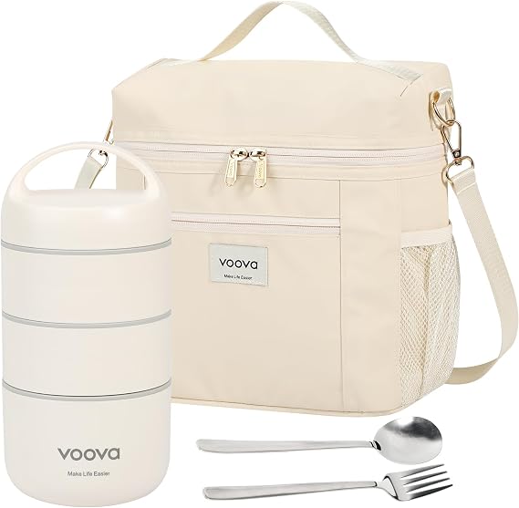 Voova Stackable Stainless Steel Thermal Lunch Box with Lunch Bag and Cultery Set for Adult Women Men, 3 Tier Leakproof & Microwave Safe Insulated Bento Boxes Food Container for Work, Beige