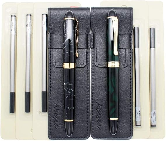 2-Piece Jinhao 450 Rollerball Pen Set - Medium & Fine Point Black (Dark Green & White Wire), with 5x0.5mm Black Refills