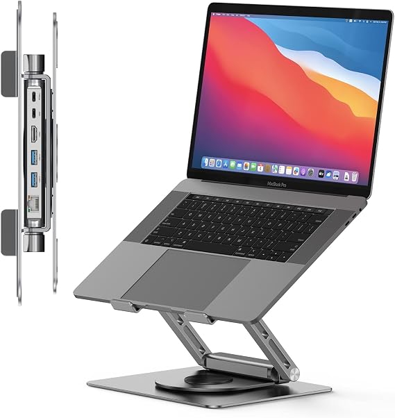 Tobenone Laptop Docking Station Stand for MacBook/Windows, Sturdy Aluminum | 4K HDMI, 2*USB A 3.0, RJ45, PD 3.0, Ergonomic & Space-saving Stand Hub, 360 Rotating Base, Plug and Play, for Home, Office