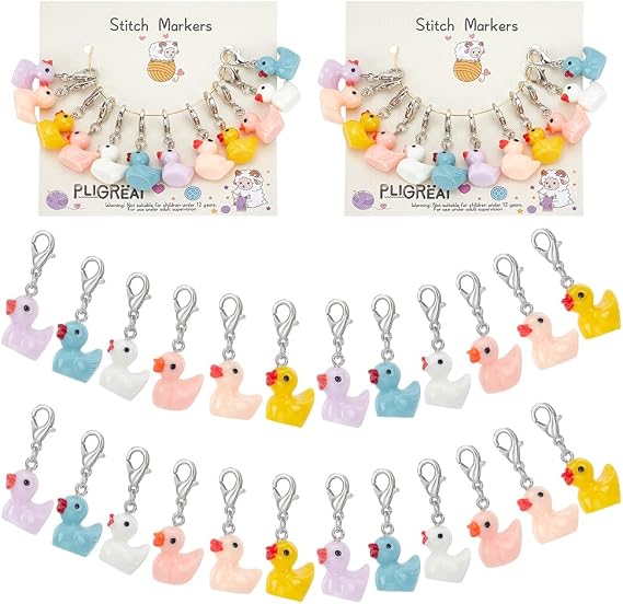 PLIGREAT 24 Pcs Cute Colorful Ducks Stitch Markers Resin Crochet Stitch Marker Charms Knitting Locking Stitch Marker with Lobster Claw Clasps for Weaving Sewing Quilting Jewelry Making Accessories
