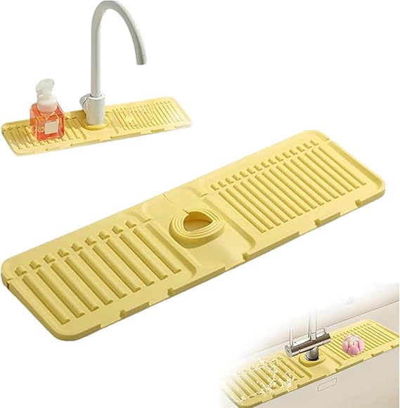 Faucet Mat for Kitchen Sink, 2024 Upgrade Kitchen Sink Splash Guard Silicone Draining Mat with Fast Drying, Dish Soap Sponge Holder Tray Protective Sink Tray for Kitchen & Bathroom (Yellow)