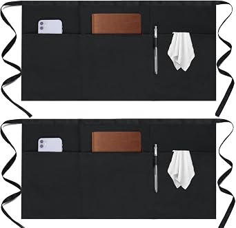 2 Pack Server Apron - Waist Half Aprons for Waitress with 3 Pockets, Black Short Serving