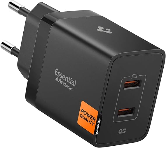Spigen 47W USB-C 2 Port Mini Hızlı Şarj Aleti PPS 2.0 Super Hızlı Şarj GaN Pro Isı Düşürücü Güç Adaptörü Akım Koruma iPhone & Android & iPad & MacBook Type-C Siyah - ACH09457 (Spigen TR Garantili)