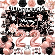 22nd Birthday Decorations for Women Girls, Rose Gold 22 Birthday Party Packs (55pcs), Number 22 Balloons Fiol, Hanging Swirl Flags, Cake Toppers for Women Girls 22nd Birthday