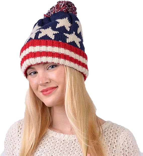 Parquet American Flag Knit Pom Beanie Ski Hat with Stars