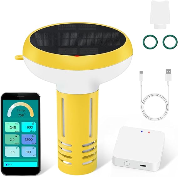 7 in 1 Smart Pool Chlorine Monitor with Gateway, WiFi pH and Pool Salt Tester for Swimming Pool, Chlorine Salinity ORP Monitor for Aquarium Sodium Chloride Swimming Pools Hot Tub Spas