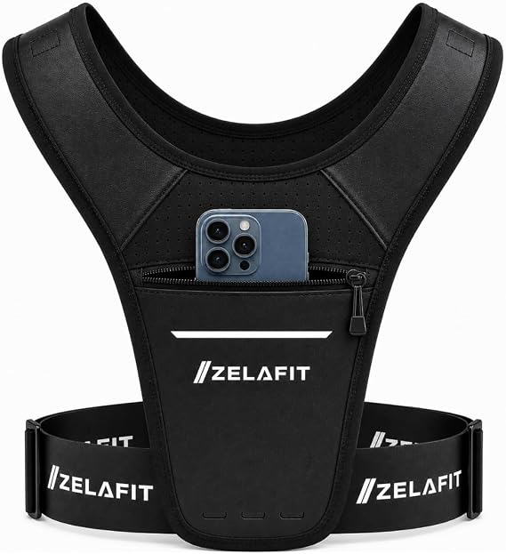 ZelaFitTM Running Phone Holder Vest for Women & Men Lightweight Running Gear and Everyday Running Essentials Chest Rig Phone Holder for Running (Black)