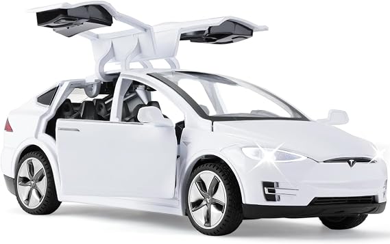 Tesla Model X 1:32 Model Car, Toy Car With Light & Music, Pull-Back Function, Alloy Die-Cast, Ideal for Children From 3 Years & Collectors (White)