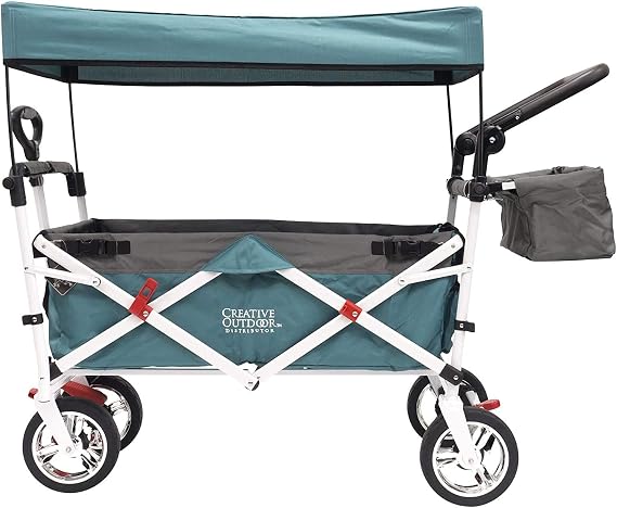 Creative Outdoor Distributor Push and Pull Double Stroller with Removable Canopy and Seat Belt Harnesses Collapsible Folding Garden Cart, Adjstable Handle, Beach Wagon
