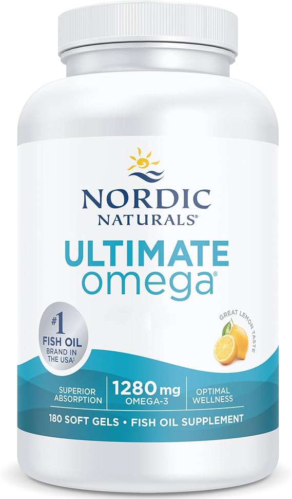Nordic Naturals Ultimate Omega 3 Capsules High Strength Fish Oil Omega 3 Supplements 1280mg, with EPA DHA, High Dose, Lemon Flavour, 180 Softgels, Soy Free, Gluten Free