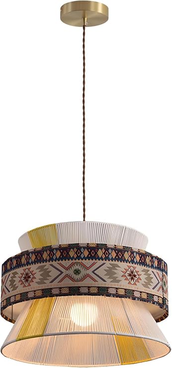 Rattan Pendant Light, Boho Woven Fabric Band, 15.7" | Handwoven boho pendant, rattan shade, jute rope cord, E26 base, kitchen island dining room, gold farmhouse ceiling light