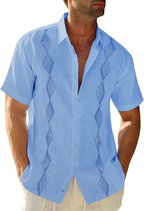 Makkrom Men Linen Cuban Guayabera Shirts Short Sleeve Button Down Shirt | Cotton, Hippie, Summer, Mexican Beach Wedding