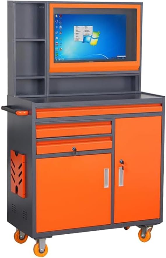 Industrial PC Cabinet, Mobile Security LCD Computer Cabinet Suitable for CNC Workshop Garage, Enclosure Industrial Computer for Monitors Up to 27 inches