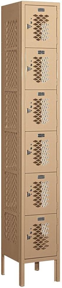 Salsbury Industries Assembled 6-Tier Box Style Vented Metal Locker with One Wide Storage Unit, 6-Feet High by 12-Inch Deep, Tan
