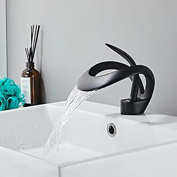 Waterfall Bathroom Counter Top Taps Bath Basin Mixer Tap Mono Brass Faucet,Black,Low
