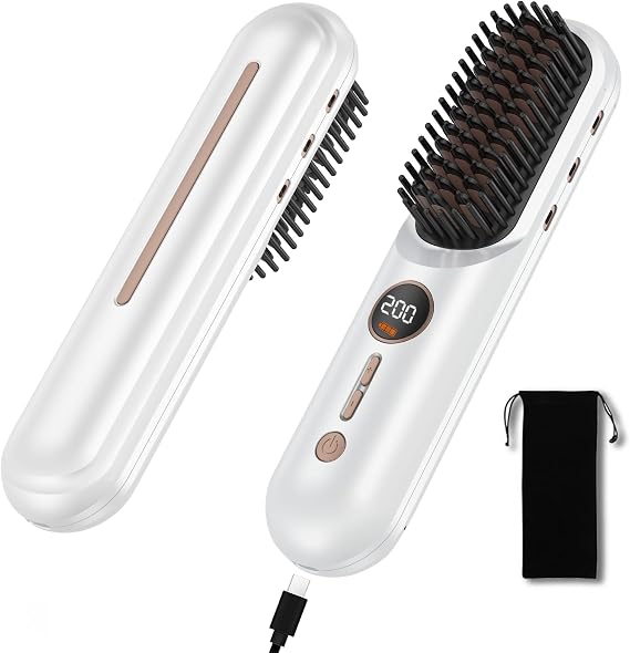 Atopskins Cordless Straightener Brush, Portable Mini Hair Straightening Brush for Travel, Rechargeable 9000 mAh USB-C, Lightweight Anti-Scald Heated Styling Tools & Appliances (White)