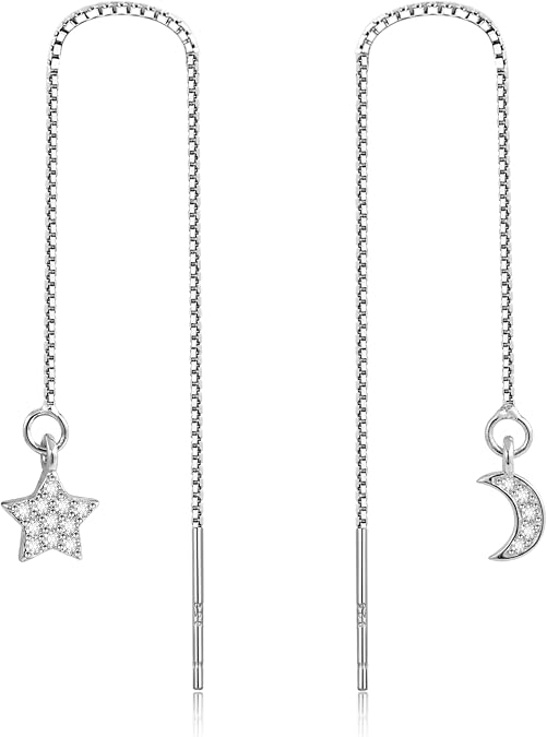 Silver Moon and Star Threader Dangle Earrings for Women Asymmetrical Drop Earrings for Female Wear and Holiday Gifting