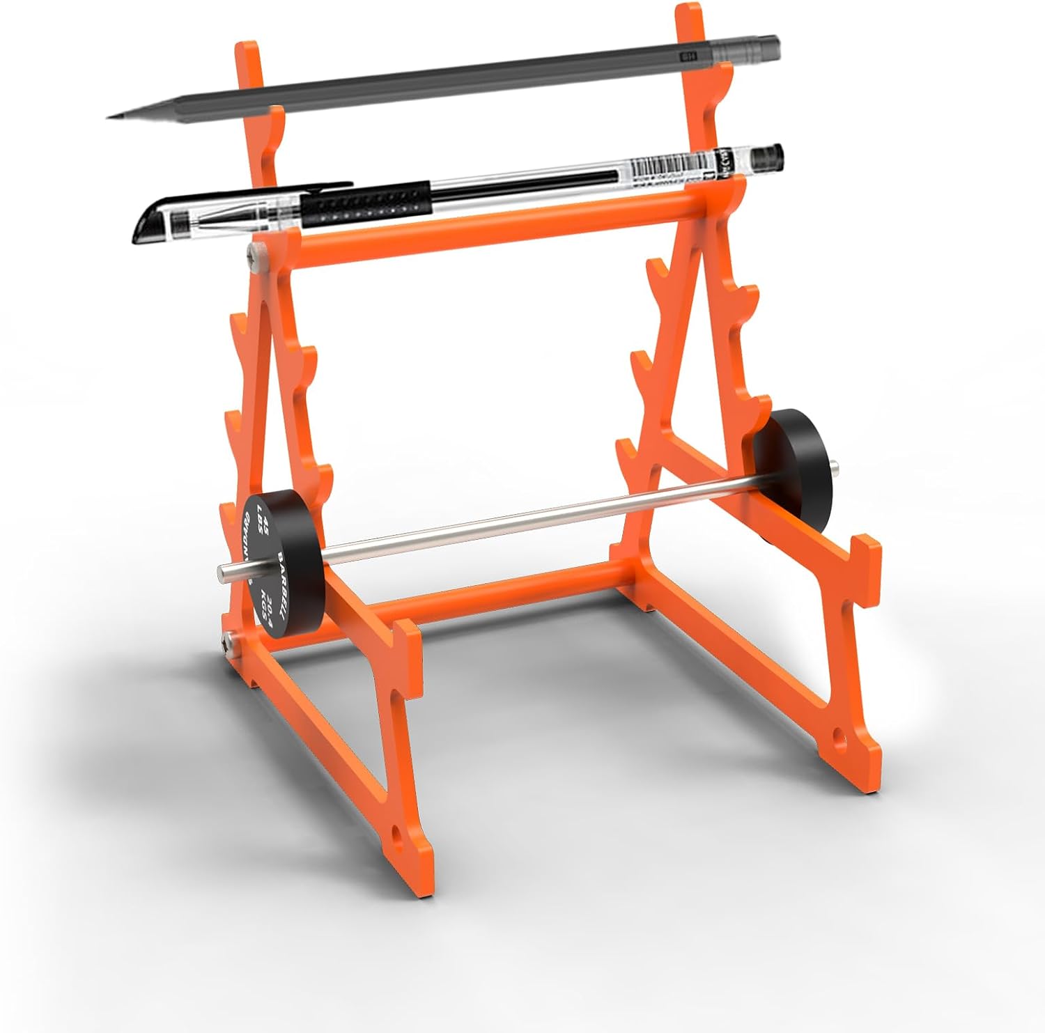K KiNGKANG Squat Rack Pen Holder,Steel Barbell Rack Pen Holder Accessories With Mini Barbell for All Fitness Enthusiasts and Weightlifting Fans,Funny Gym Gifts（Orange