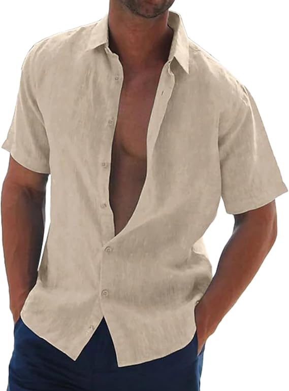 Mens Linen Shirts Short Sleeved Summer Beach Shirt Regular Fit Cotton Shirt Button Down Loose fit Holiday Shirt