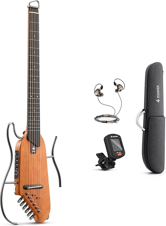 Donner HUSH-I Electro-Acoustic Guitar For Travel - Portable Ultra-Light and Quiet Performance Headless Guitar, Mahogany Body with Removable Frames, Gig Bag, and Accessories