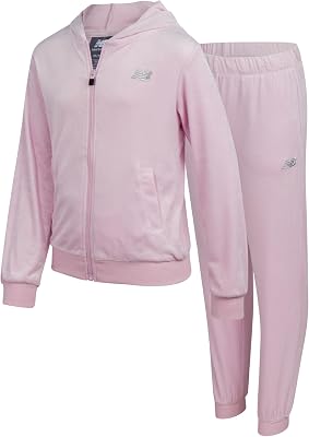 New Balance Active Girls Sweat Set - 2 Piece Velour Zip Up Hoodie Sweatshirt and Girls Pants Tracksuit Athletic Set 7-12