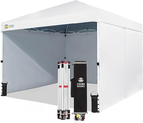 CROWN SHADES 10X10 Commercial Instant Pop Up Canopy Tent, White | 300D Silver-Coated Fabric, CenterLok One Push Tent, STO-N-Go Bag, 3 Height Adjustment, 4 Sidewalls