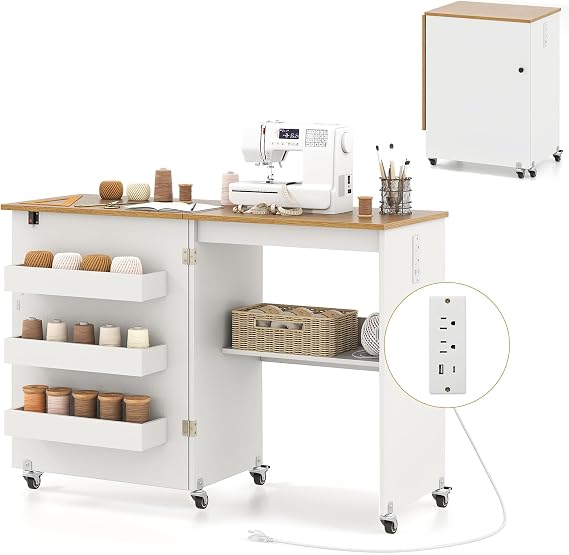 Folding Sewing Table, Sewing Desk with Storage, 3-Tier Shelf | Sewing Machine Cabinet w/ Lockable Casters, Middle Rack, Magnetic Door for Apartment, Studio, Small Spaces, White & Natural