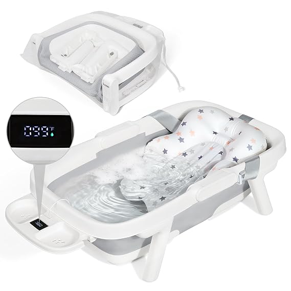 Orzbow Collapsible Baby Bathtub with Cushion & Thermometer, Large Size,Gray