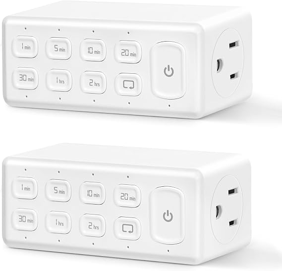 TOPELER Countdown Timer Dual Outlet, Programmable Electrical Timers Outlets with Repeat Function, Up to 4H for Lights, Fan, Appliance, Electric Bike, 3-Prong, 15A/1875W, 12 HP, 2 Pack