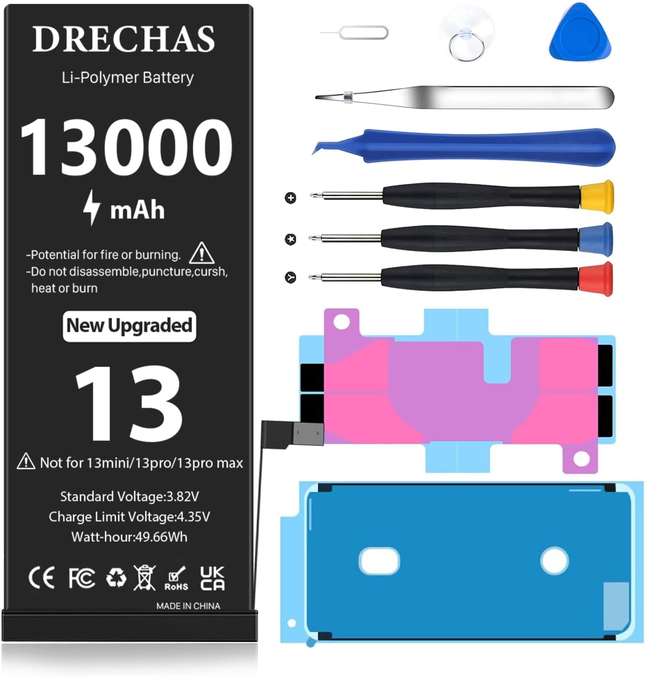 13000mAh] Battery for iPhone 13, Upgraded Capacity 0 Cycle Li-Polymer Replacement Battery for iPhone 13 Models A2482, A2631, A2633, A2634, A2635 with Complete Professional Repair Tool Kit
