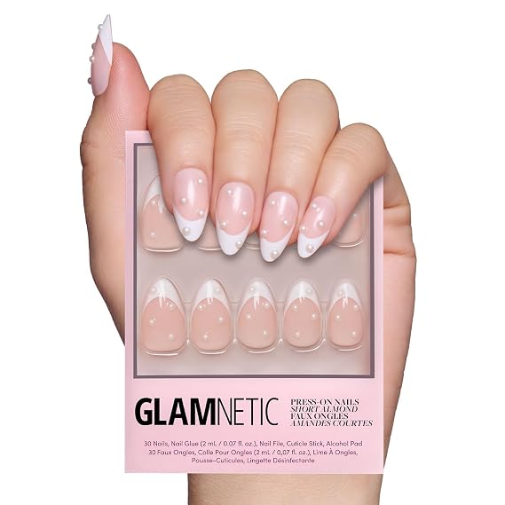 Glamnetic Press On Nails - Short Almond, Glossy Fake Nails 30 Pc Full Kit | Pearl French tip press on nails, 15 sizes. Bridal nails, glue-on set. Waterproof, chip-resistant, up to 2 weeks wear
