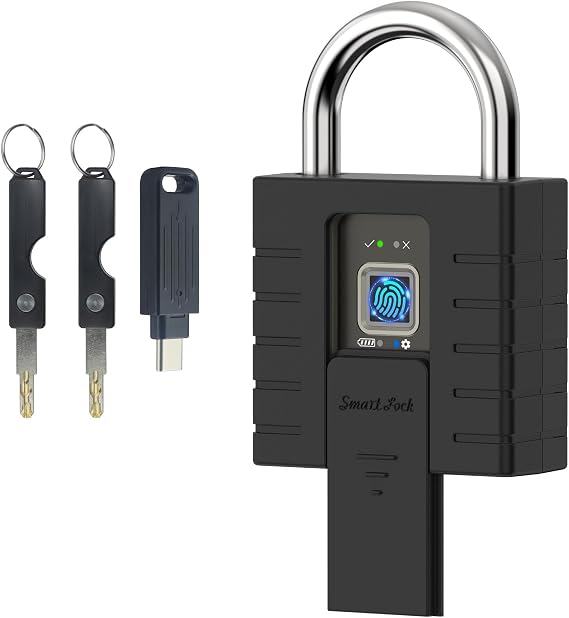 Fingerprint Padlock with Key,Heavy Duty Outdoor Padlock Black,Suitable for Trucks,Warehouses,Gates,Offices,Lockers