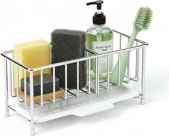 Kitchen Sink Sponge Holder, 304 Stainless Steel | Soap Dispenser Caddy Organize, Kitchen Sink Brush Caddy Holder with Removable Drain Tray