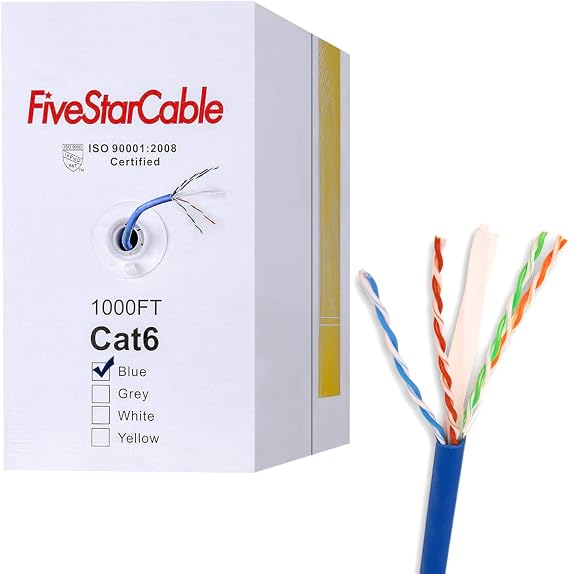 Cat6 1000ft Twisted Pair 23AWG Solid UTP Network Ethernet Router Cable, 550Mhz, PVC RJ45 Wire Bulk Pull Box, Blue