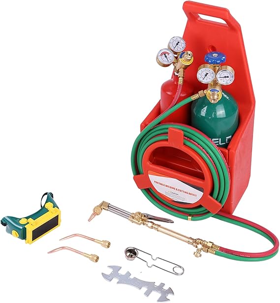 Oxy Acetylene Torch Kit, Portable Oxygen Acetylene Gas Welding Cutting Brazing Soldering Torch Kit with Oxyacetylene Gas Regulators, Cutting Torch, Oxygen and Acetylene Double Fuel Cylinder