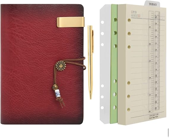 WONDERPOOL Leather Journal A6 Refillable 6 Ring Binder Notebook with Lined Paper and Pen,Writing Diary for Work Travel and Agenda Plan (A6, Wine red)