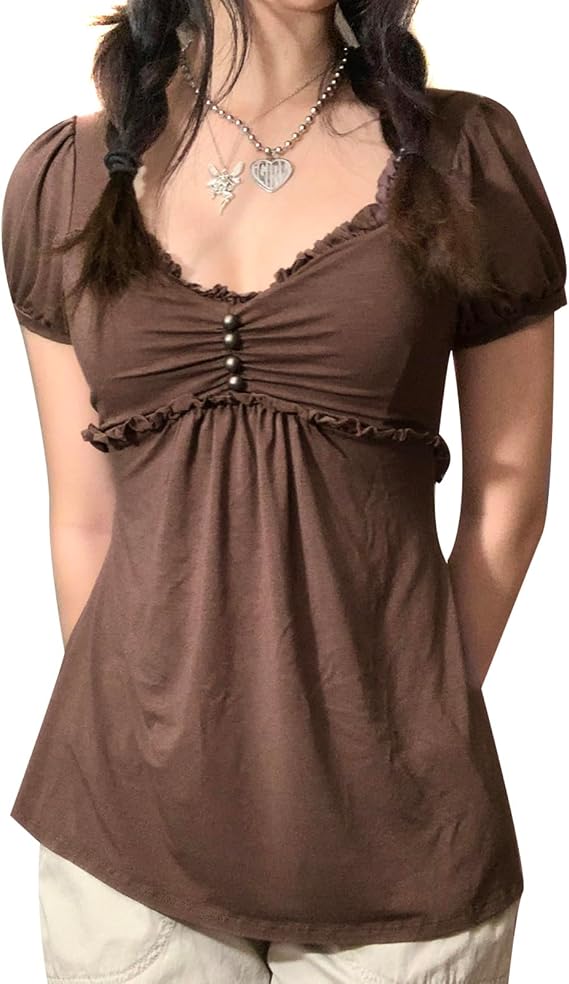 Women's Casual Long/Short Sleeve Sweetheart Neck Blouse Tops Fairy Grunge Solid Color Casual Shirt