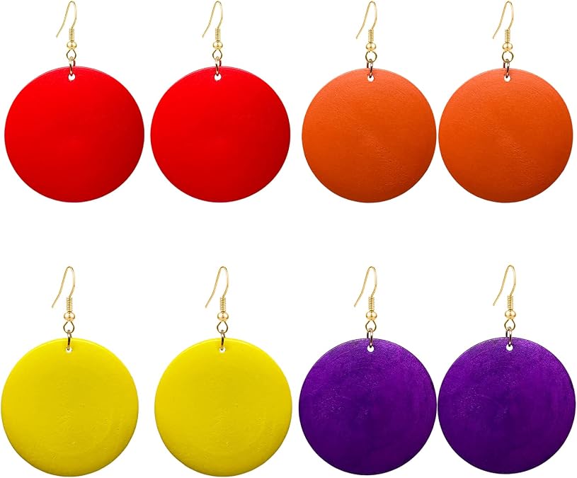 KaFu 4 Pairs Bohemian Natural Wooden Teardrop Dangle Earrings Retro Ethnic Geometric Big Round Circle Wood Earrings for Women Girls Handmade Bohemian Statement Jewelry