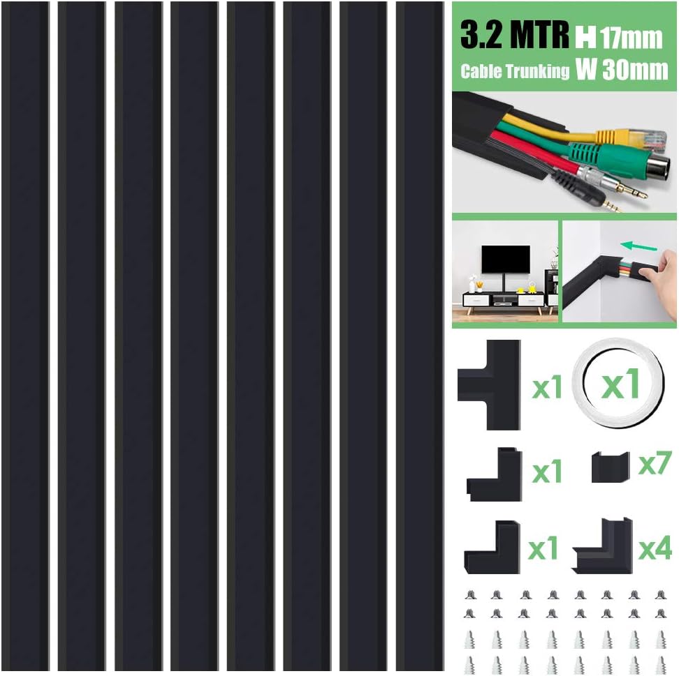 MUDEELA Cable Trunking Kit, Cable Concealer, Cable Tidy Cable Raceway, Cable Management Kit for Home Office - 8X L400mm, W30mm H17mm, Black