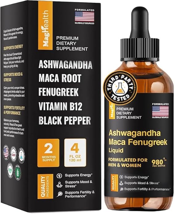Maca Root Liquid Drops with Ashwagandha and Fenugreek Organic Adaptogen Blend for Women & Men Natural Energy, Mood & Hormone Support 60 Day Supply Vegan, Non-GMO
