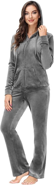 ANOTHER CHOICE Velour Tracksuit Women 2 Piece Zip-Up Velvet Sweatsuits Hooded Soft Jogging Set