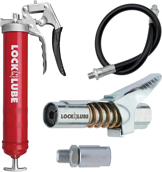 LockNLubeヘビーデューティーピストルグリップグリースガン赤特許取得済みのLockNLube®グリースカプラーロックオン、ステイオン、漏れなしと、高品質の20インチホースとインラインホーススイベルが含まれています。