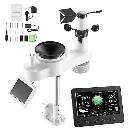 VEVOR 7-in-1 WiFi Weather Station 7 Inch TFT Display Solar Powered Outdoor Sensor Weather Forecast Weather Center Wind Speed Wind Direction Temperature Humidity Rainfall
