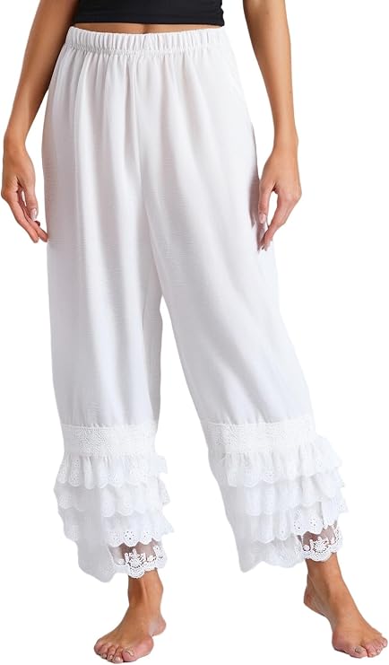 XUNZOO Women Batiste Culotte Slip Pettipants Lace Trim Vintage Wide Leg Half Slip Victorian Pantaloons Capri Pants