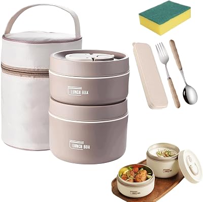 Bento Box Adult Thermal Lunch Box Set, Portable Insulated Lunch Containers with Spoon & Fork, Stackable Stainless Steel Leakproof Food Containers for Adults Teens Kids Brown 2 Pcs