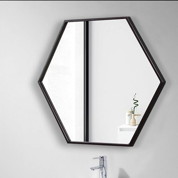 Hexagonal Metal Frame Mirror for Bathroom & Bedroom, Oval Makeup Wall Mirror, Brushed Black/Gold/White Finish, Decorative Vanity (34×40cm)