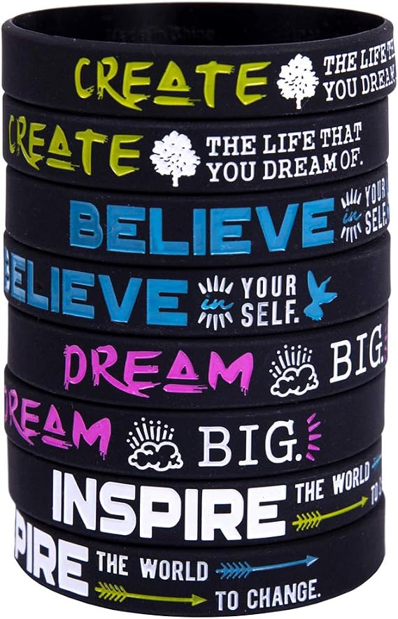 (12-Pack) Dream, Believe, Inspire, Create - Motivational Quote Bracelets Silicone Rubber Wristbands Inspirational Gifts and Party Favors