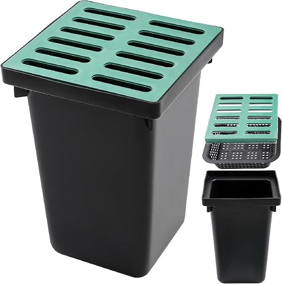 Catch Basin with Grate, French Drain Kit with Debris Basket, 15.7 x 15.7 x 23.6 Inch Square Large Catch Basin for Drainage Without Reserved Hole for Yard, Downspout, Lawn (15.7 x 15.7 x 23.6 Inch)