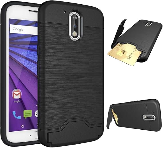Phone Case for Motorola MotoG4 / Moto G4 Plus Slim Hard Wallet Cover Rubber with Credit Card Holder Stand Kickstand Cell Accessories G 4th Gen Generation G 4 4plus G4plus 4G G4+ Cases Girls Men Black